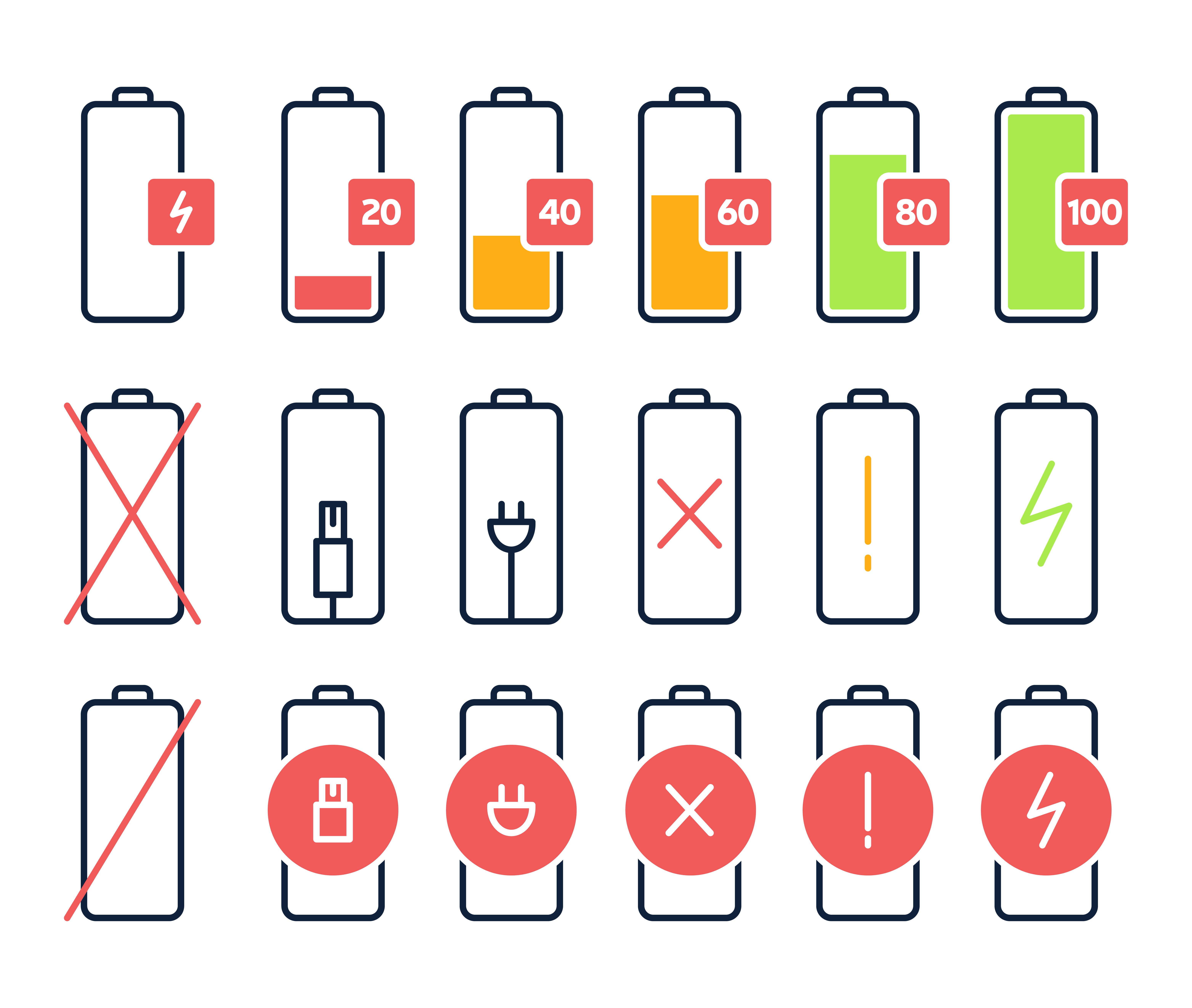 batterij opladen vector iconen. energiestatus van de smartphone-accu. mobiele telefoon batterij signaalindicatoren geïsoleerde pictogrammen instellen. verzameling van 1819216 Vectorkunst bij Vecteezy