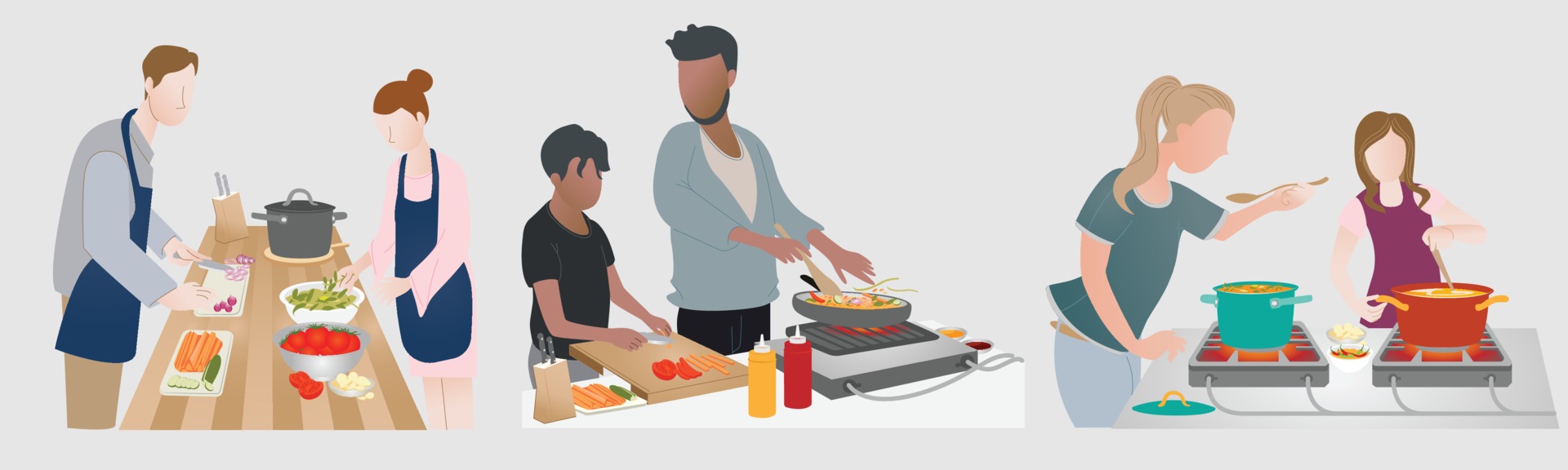 Verantwoordelijk persoon schokkend man paar van 3 gezinnen die eten bereiden voor hun maaltijd. bereiden van  voedsel voor het maken van gerecht. geniet van hobby's 2026035 - Download  Free Vectors, Vector Bestanden, Ontwerpen Templates