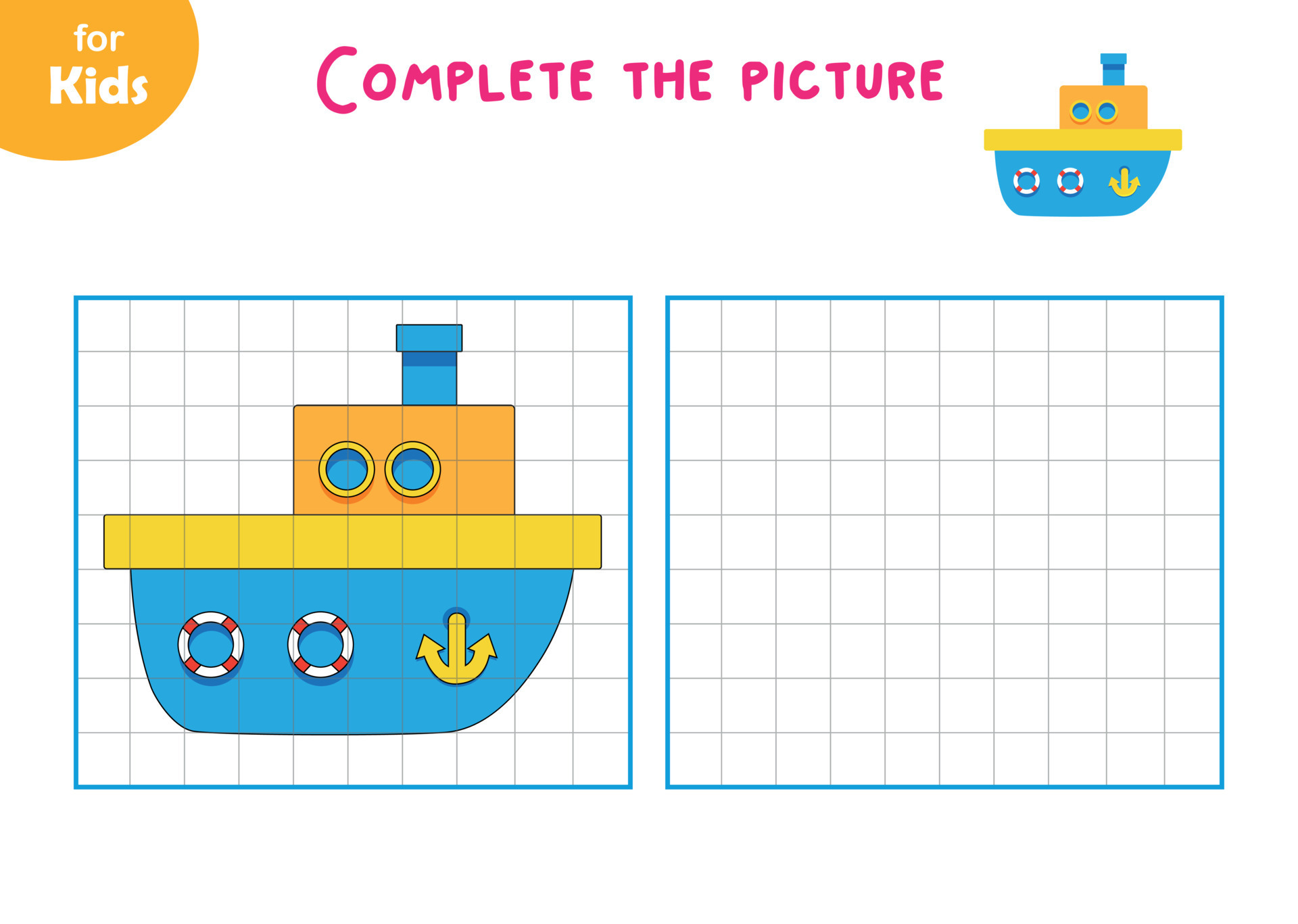 leerzaam voor kinderen. tekening. trek een kinderen boot in de cellen, een met speelgoed. onderwijs en vermaak voor jong kinderen. peuter- werkboek, werkboek 20349671 Vectorkunst bij