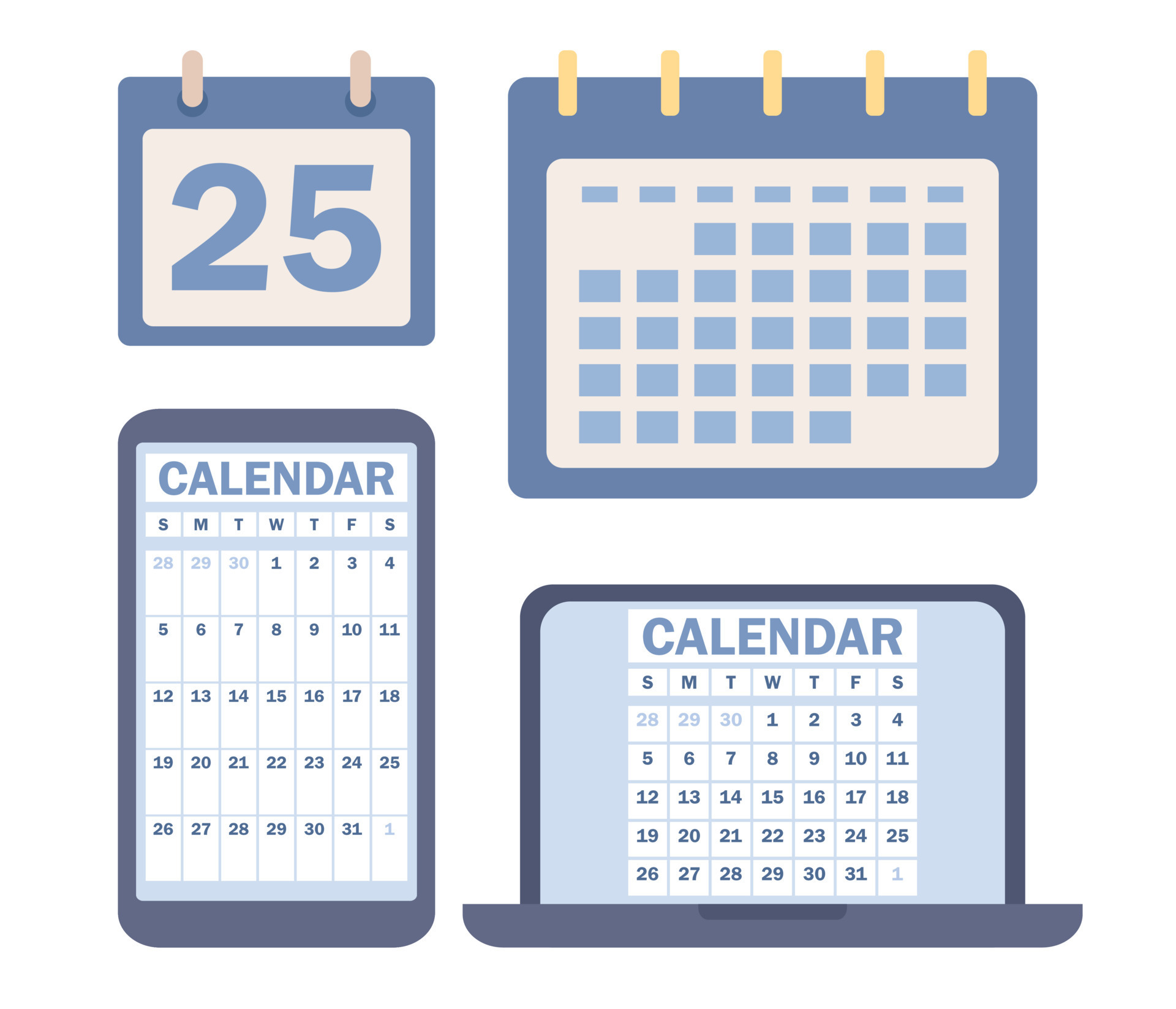 af hebben ras Verlaten kalender icoon set. online kalender Aan laptop en smartphone app. datum  bladzijde teken. schema, planning, organisator concept. vector vlak  illustratie 21044480 Vectorkunst bij Vecteezy