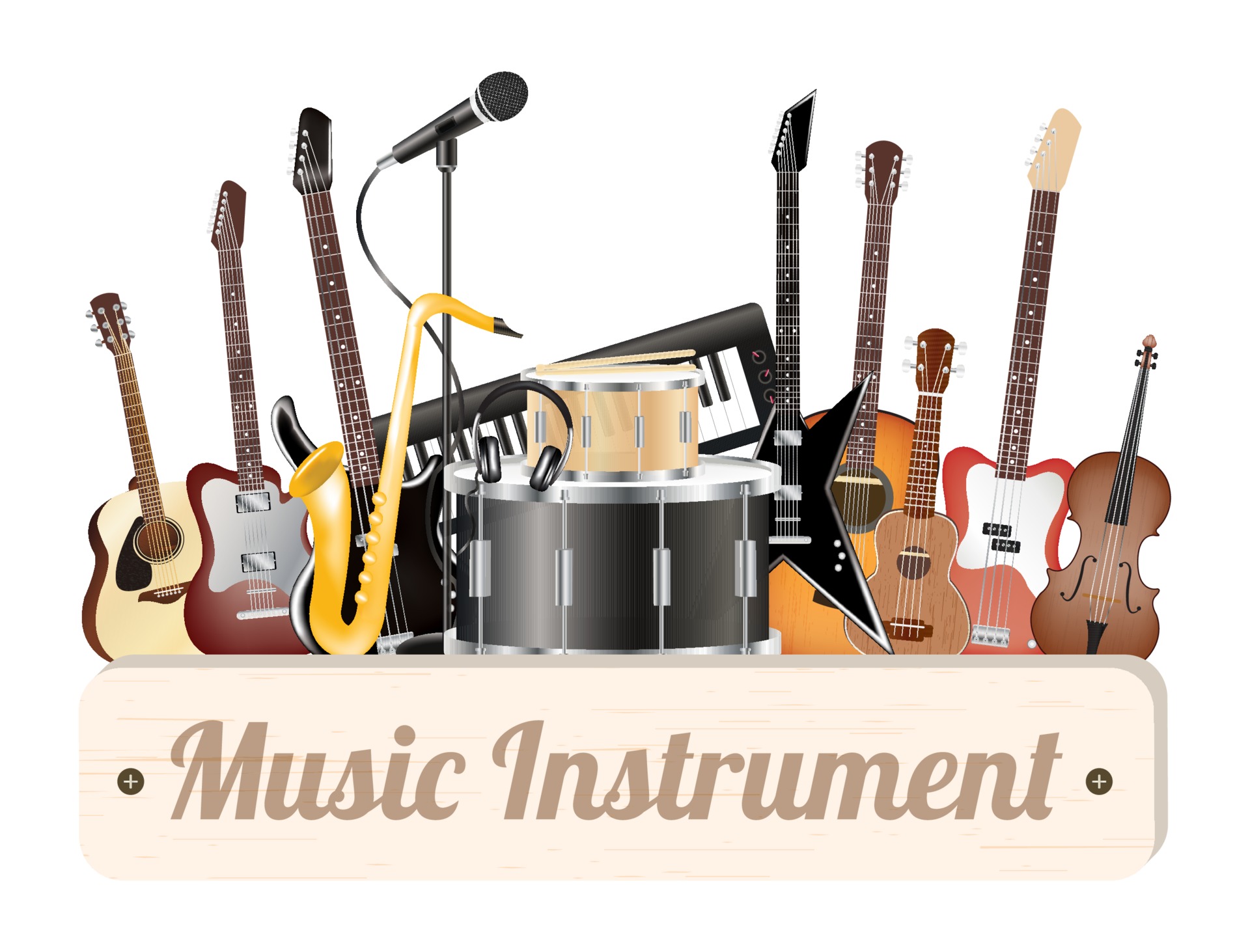 Verbergen verwijderen dealer muziekinstrument houten bord met elektrische akoestische gitaar, bas, drum,  snare viool, ukelele, saxofoon, keyboard, microfoon en hoofdtelefoon  2315529 - Download Free Vectors, Vector Bestanden, Ontwerpen Templates