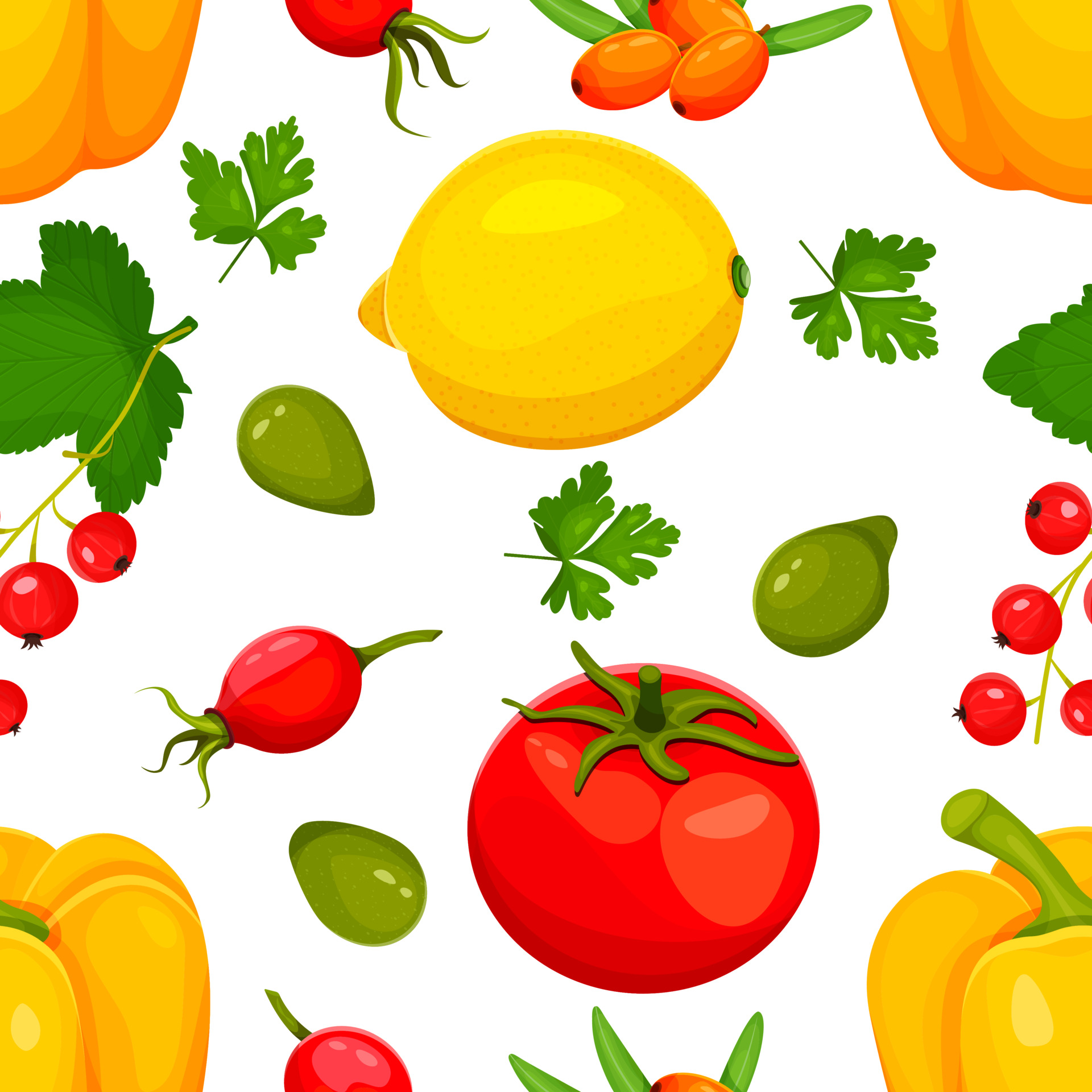 vitamine c voedselbron vectorillustratie. voedingsmiddelen die ascorbinezuur bevatten. groenten fruit.citroen, peper, tomaat, duindoorn, rode bes, kaketoe-pruim, wilde roos. vector illustratie 3572105 - Download Free Vectors, Vector ...