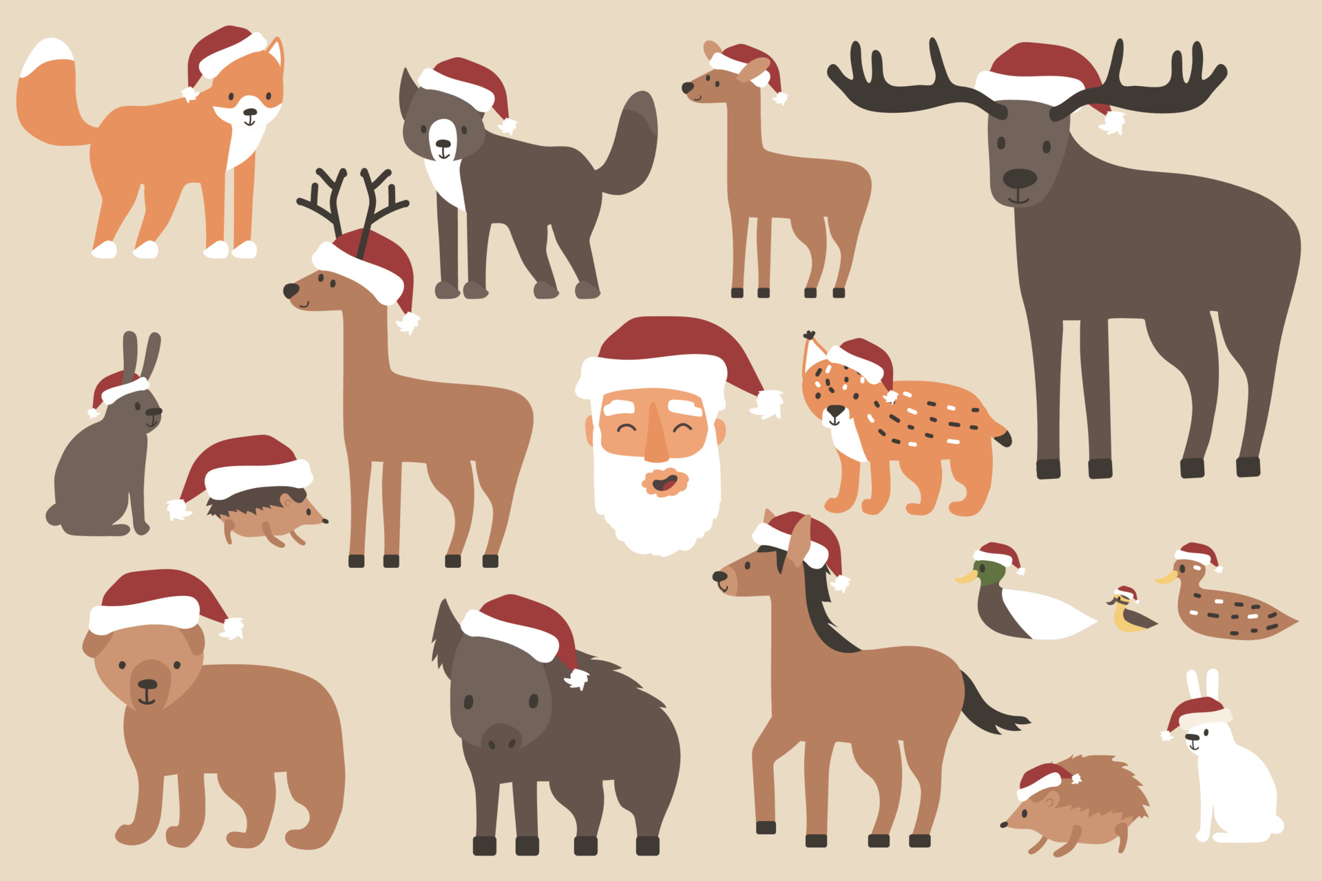 chef Wissen Cataract set kerst bos dieren in santa hoeden, santa claus blij gezicht. tekenfilm  geïsoleerde vector vos, wolf, beer, berenwelp, eland, hert, damhert, egel,  haas, eend, eendje, lynx, paard, wild zwijn 3625838 Vectorkunst bij