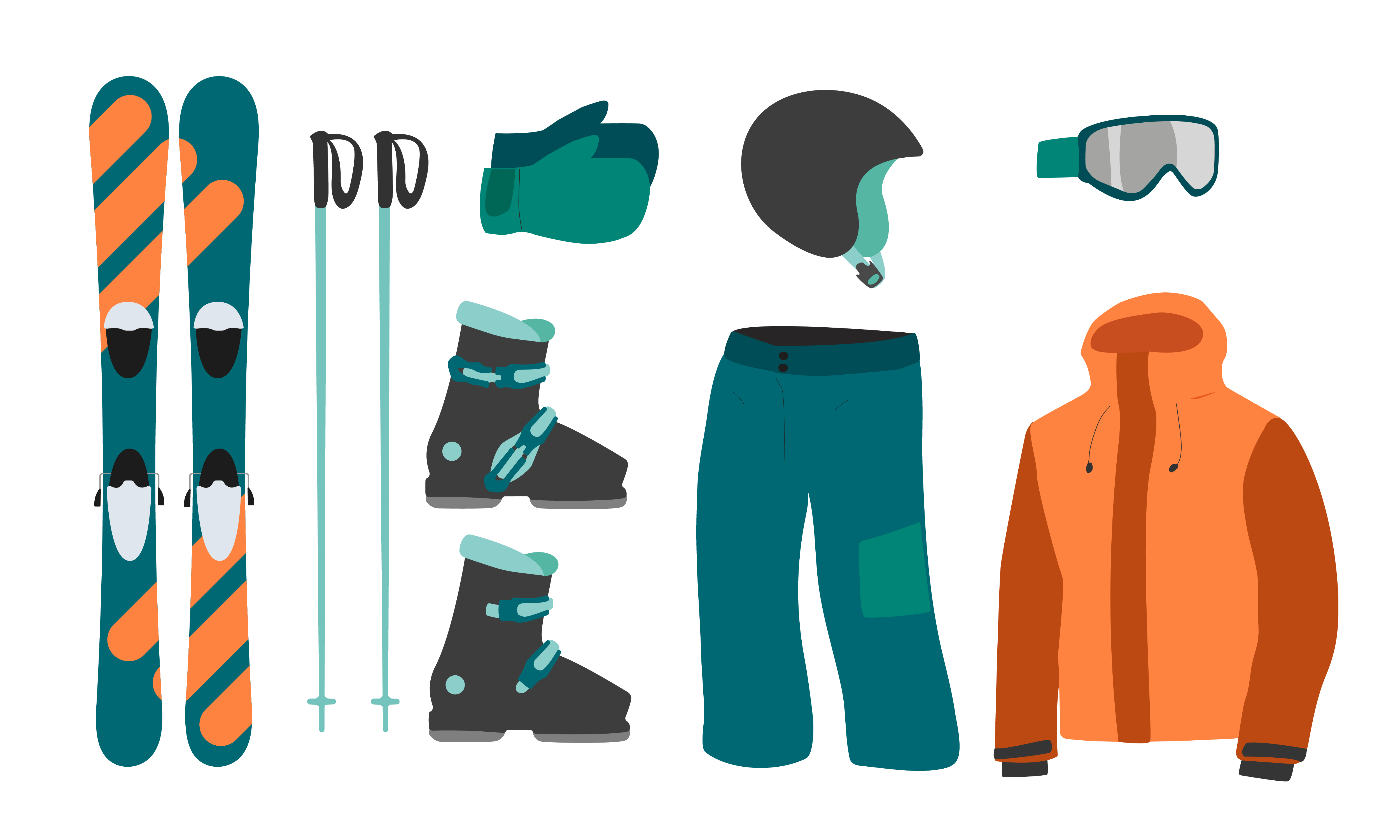 Acht ik heb nodig kwaliteit jongen ski-uitrusting kit kleding vectorillustratie. extreme wintersport.  ski's instellen. vakantie, activiteit of reizen sport berg koude recreatie.  3805145 Vectorkunst bij Vecteezy