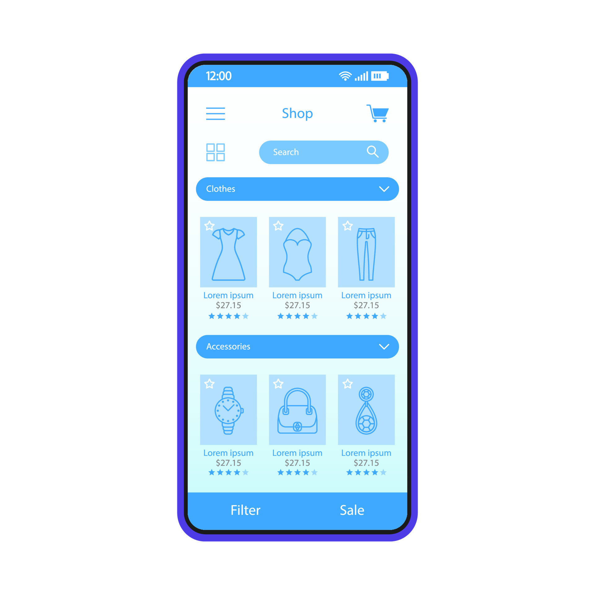 vernieuwen vod hanger online mode winkel smartphone interface vector sjabloon. kleding internet  winkel. pagina-ontwerplay-out voor mobiele apps. kleding en accessoires  voor vrouwen site scherm. platte ui voor toepassing. telefoon display  4616212 - Download Free Vectors,