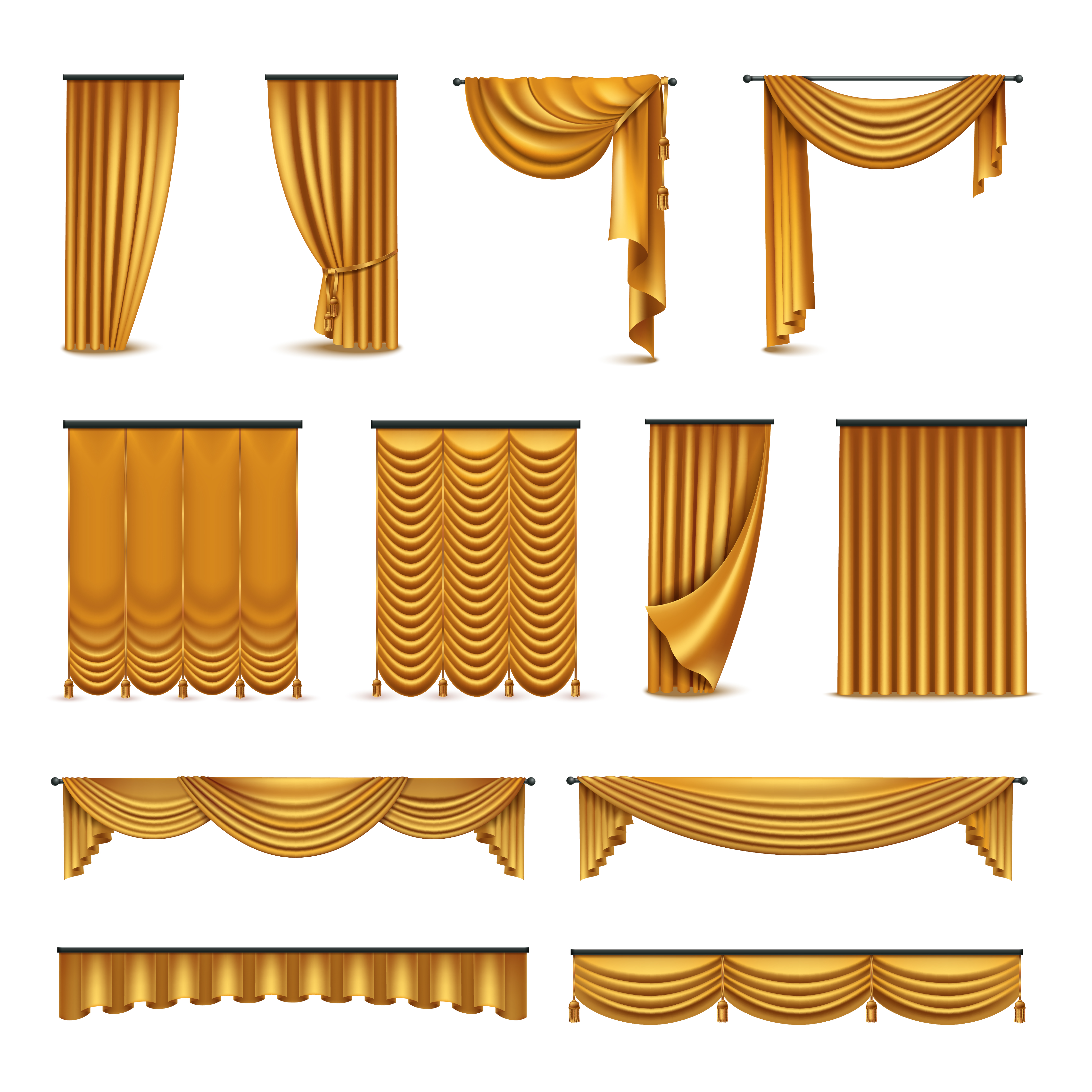 Gouden gordijnen Draperie realistische pictogrammen collectie Vectorkunst Vecteezy