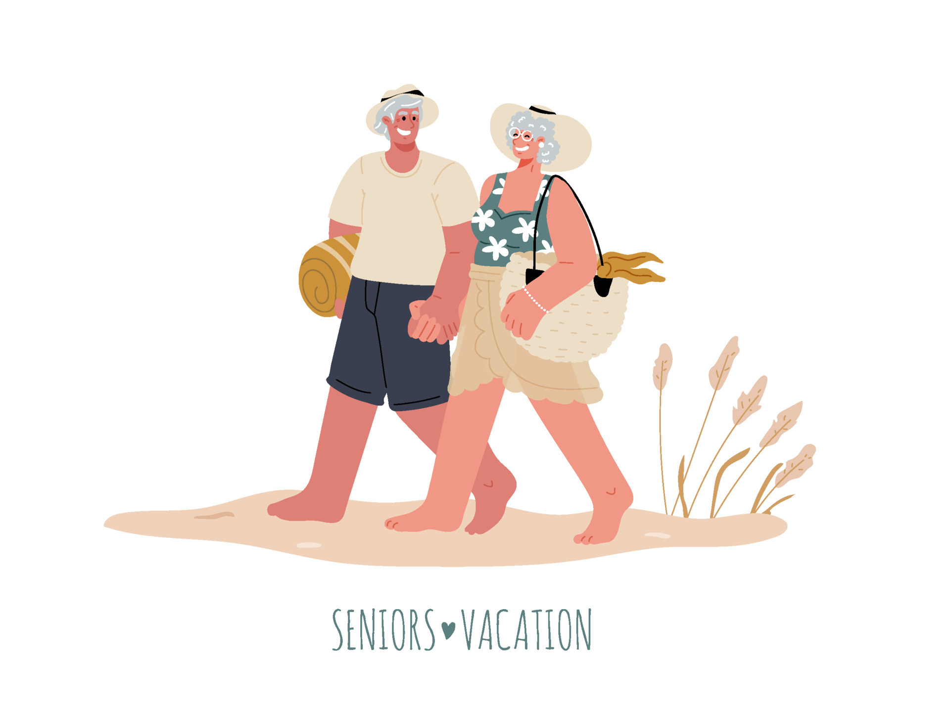 Cirkel krijgen Weggooien een paar oude mensen in zwemkleding lopen langs het strand hand in  hand.eldery op vakantie.vector vlakke afbeelding. 4915542 Vectorkunst bij  Vecteezy