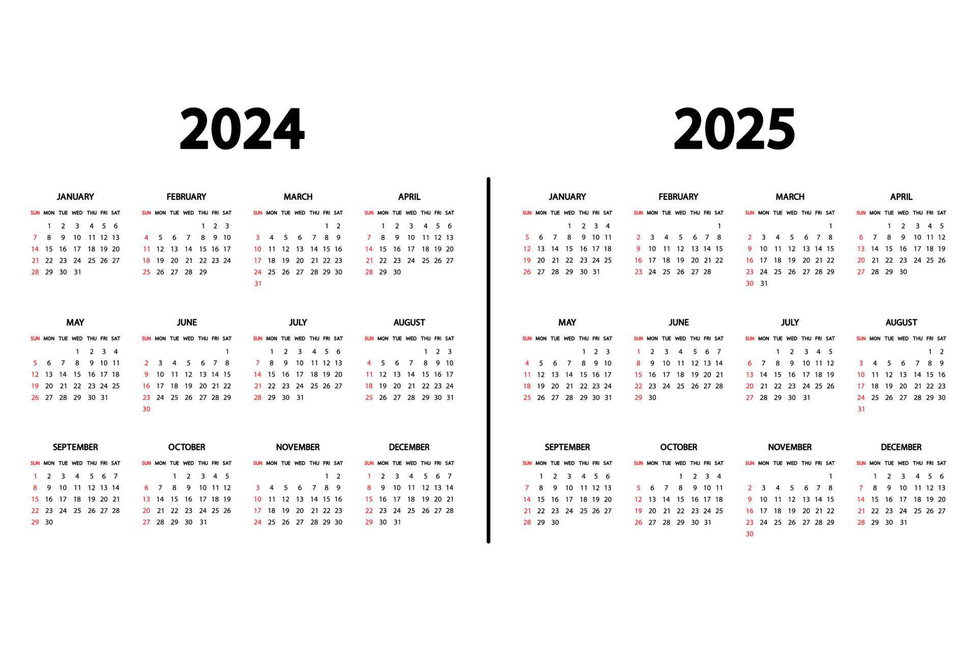 kalender engels 2025 en 2025 jaar. de week begint zondag. jaarkalender