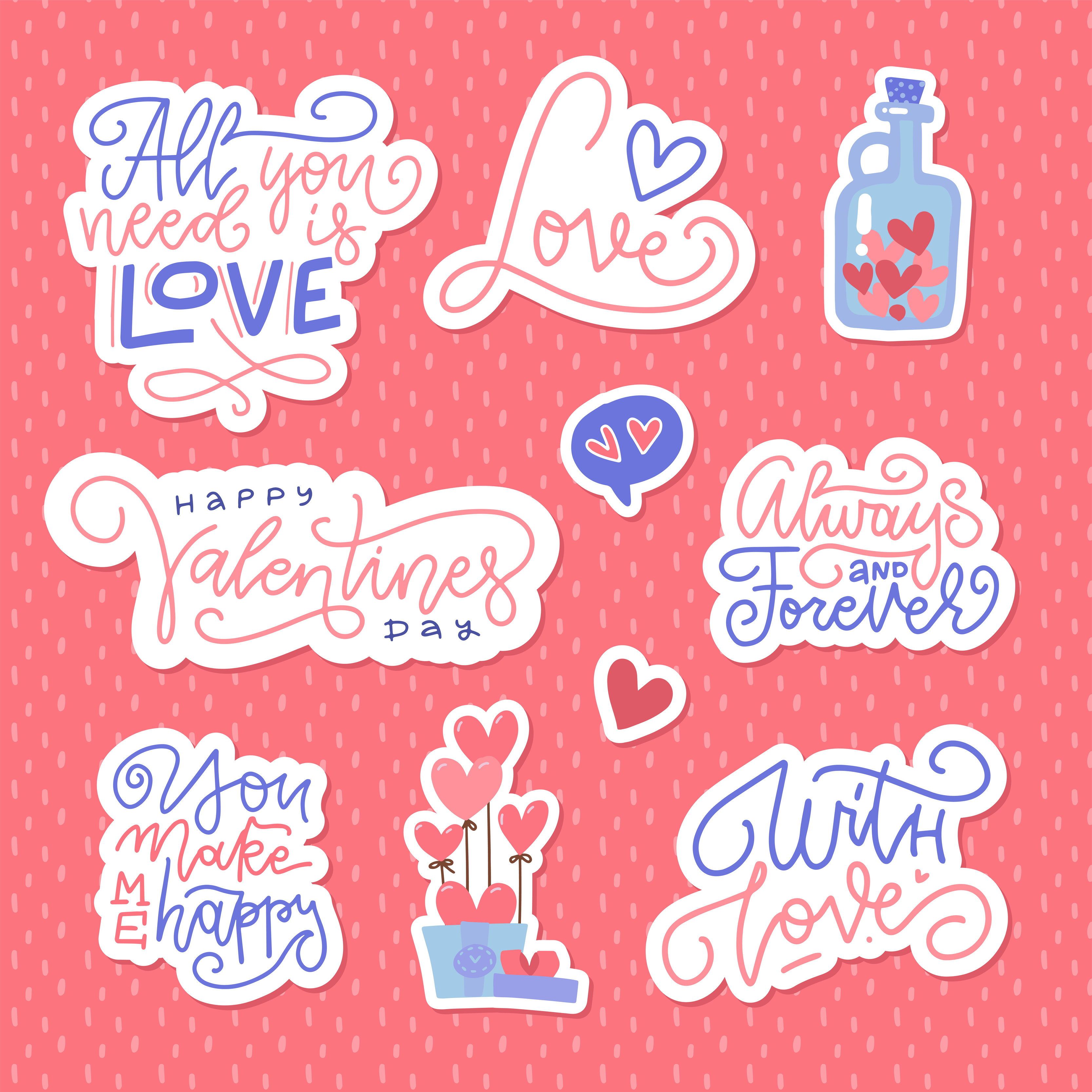 Plicht vat ginder Valentijnsdag belettering stickers collectie. set van Valentijn s  kalligrafische koppen met harten. vector platte hand getekende illustratie.  geïsoleerde elementen. 6024899 Vectorkunst bij Vecteezy