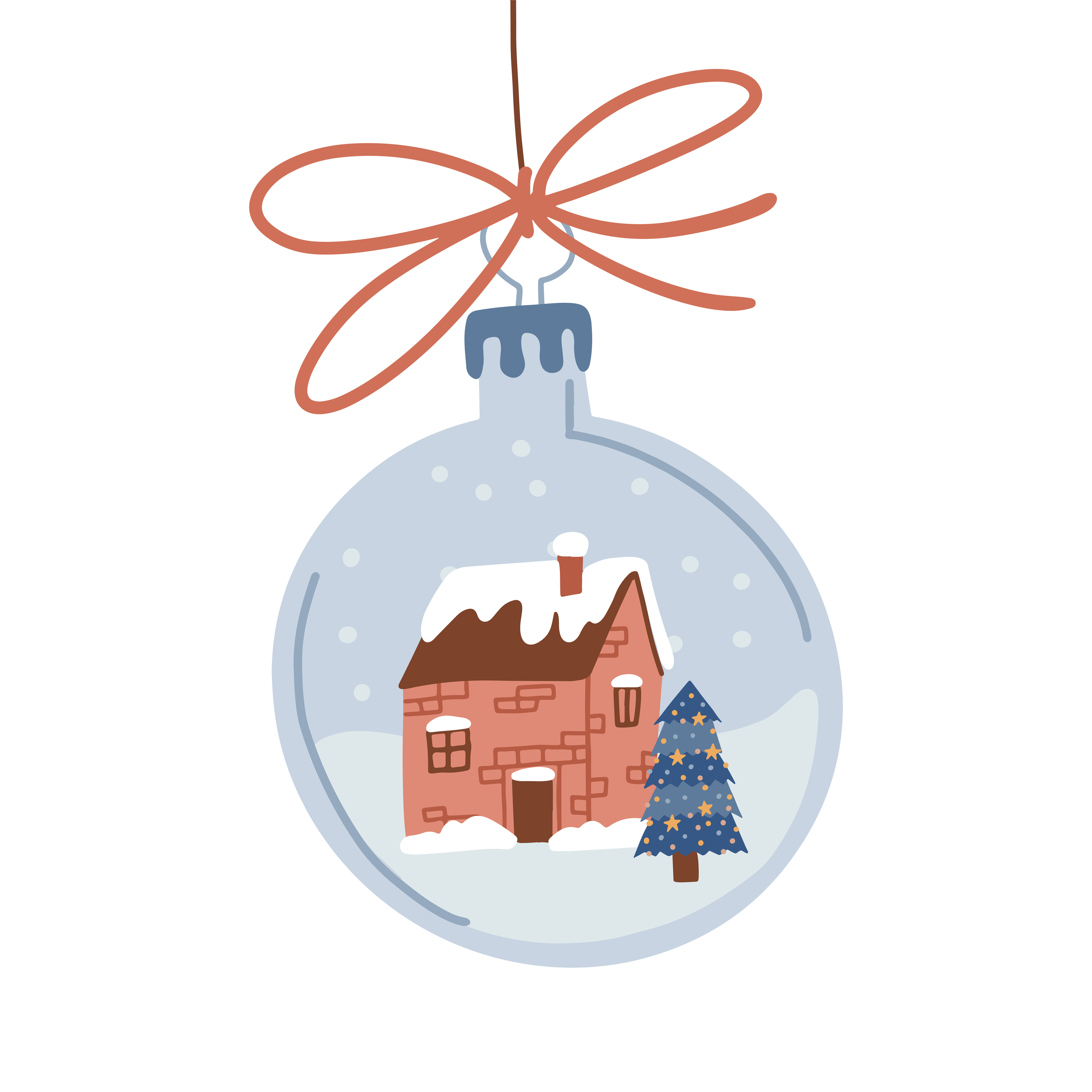 glazen sneeuwbol bal met rode huis en kerstboom geïsoleerd op een witte feestelijke snuisterij opknoping. hand getekend merry christmas tijd vector grafische illustratie ontwerpelement. 6042655 Vectorkunst bij Vecteezy