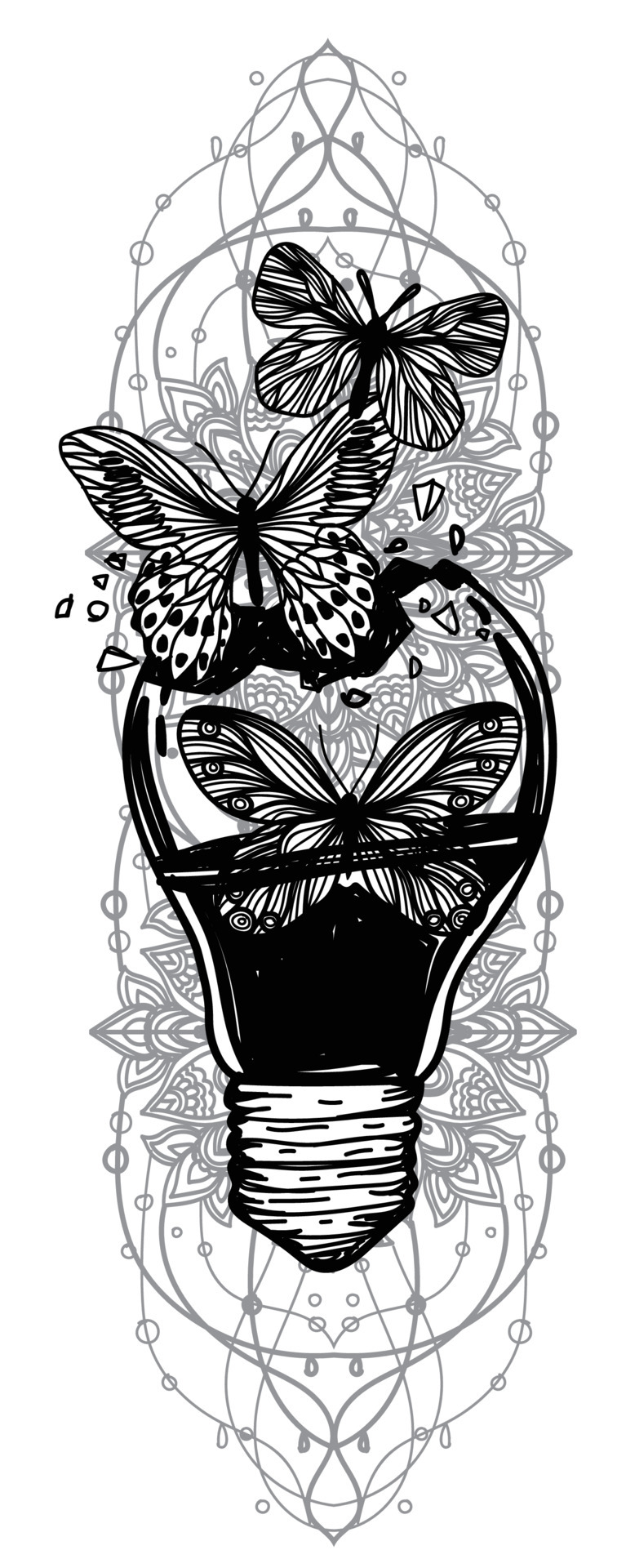 Alabama pols Humaan tattoo art gebroken gloeilamp en vlinder tekening schets zwart en wit  6122977 Vectorkunst bij Vecteezy