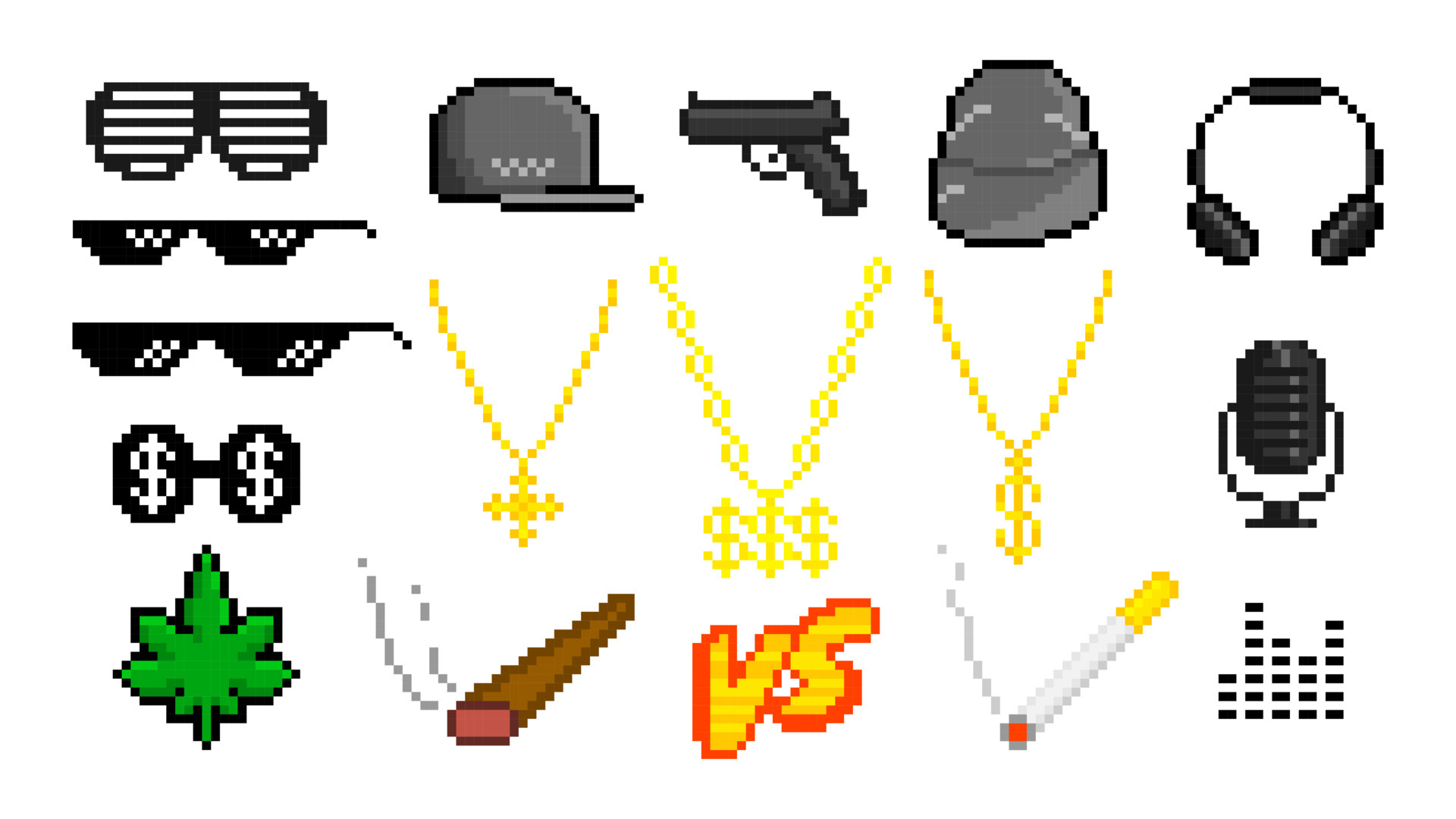 rapper trending pixel dingen ingesteld. hiphop caps met gouden kettingen met dollarteken en pistool. modieuze zonnebrillen en rokende stijlen vc rap battle symbool zwarte vector kunst. 6413950 - Download Free Vectors,