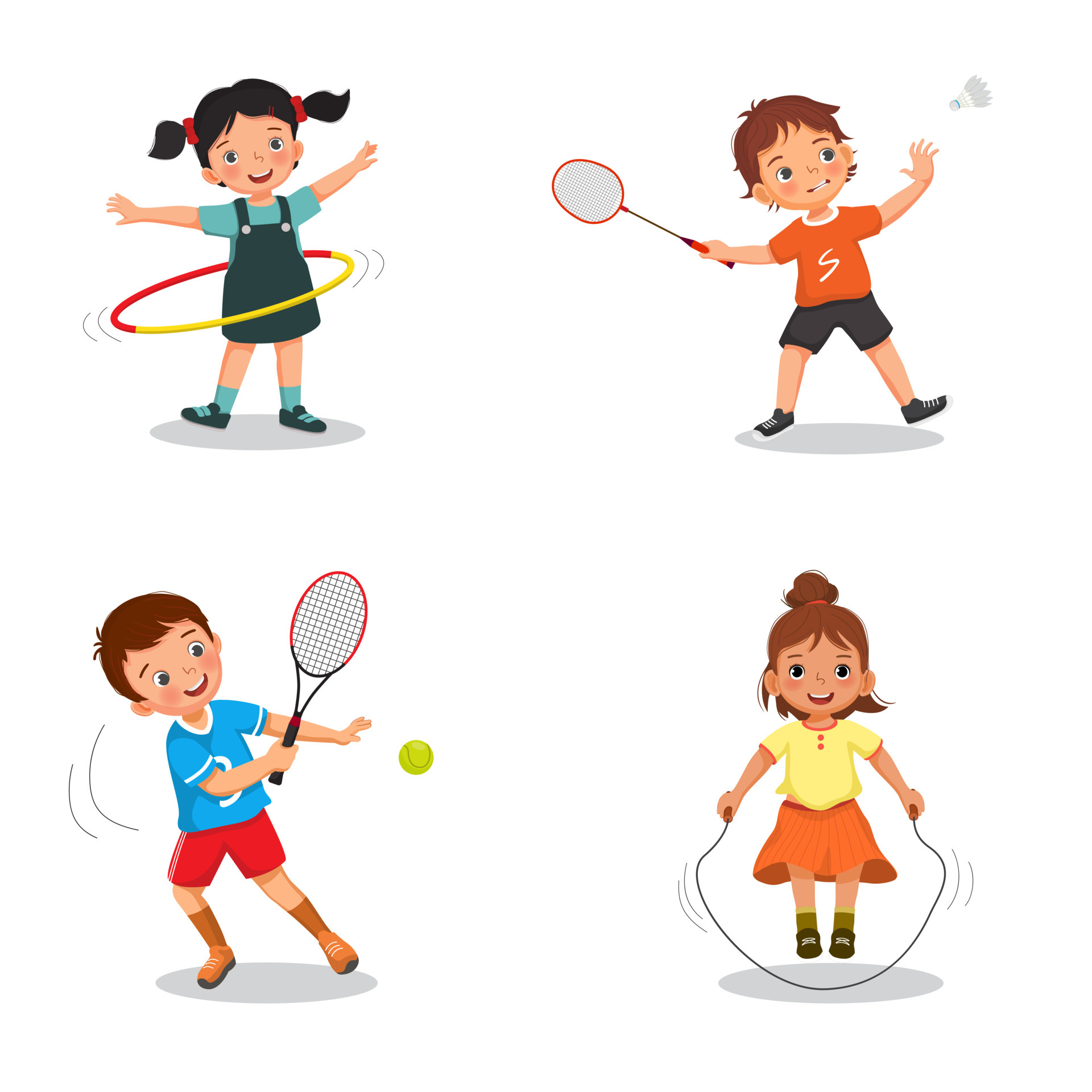 Rose kleur Monteur Bulk kinderen die verschillende sporten beoefenen, zoals hoelahoep, badminton,  tennisbal met racket en touwtjespringen. kinderen die gezonde lichamelijke  oefeningen doen 7001885 Vectorkunst bij Vecteezy