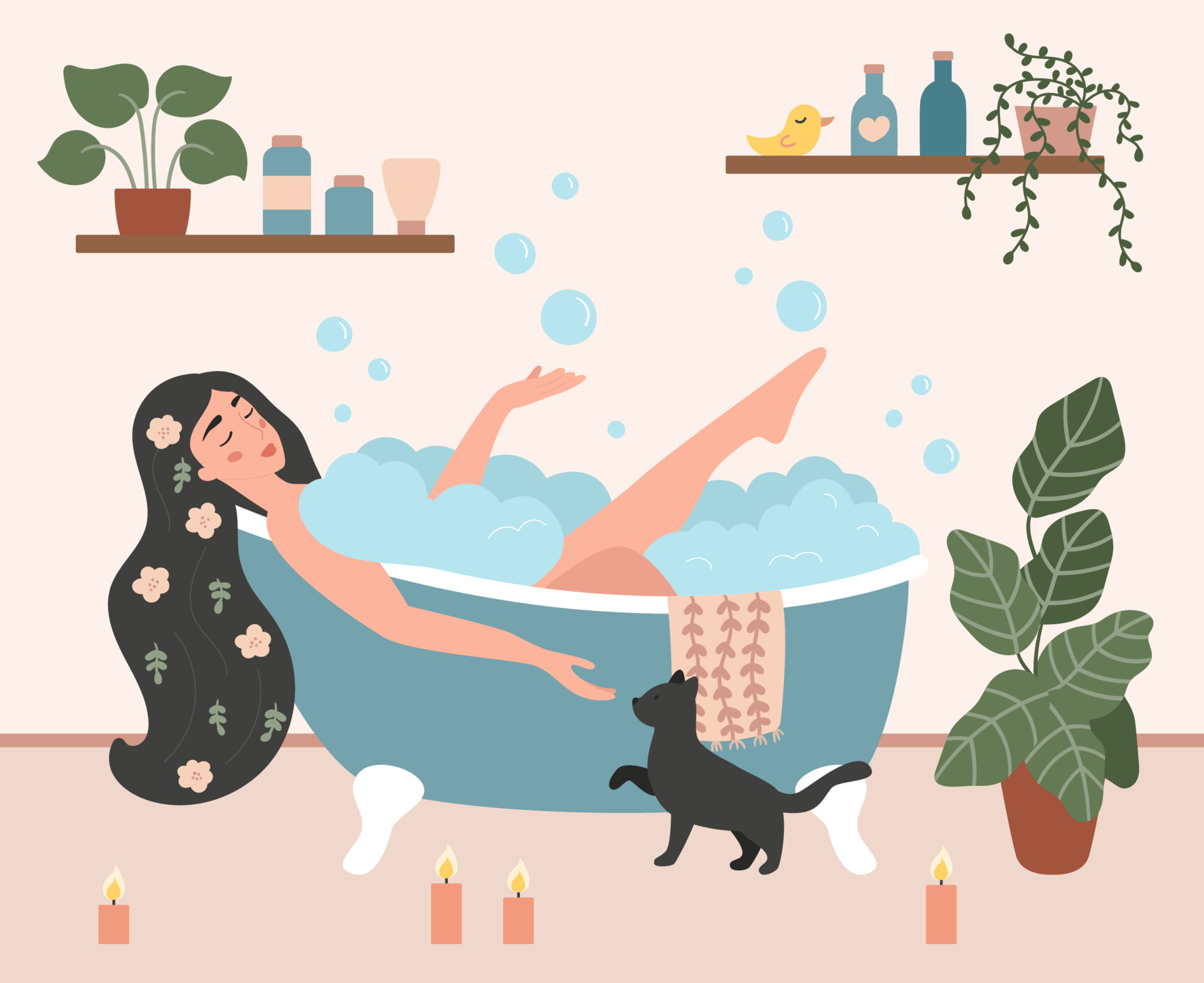 Meer Baby metalen vrouw die een bad neemt in een gezellige badkamer met schuimbubbels.  bloemen in het haar van een vrouw. handgetekende kamerplanten in potten.  zelfzorg en ontspannen concept. natuurshampoo en crèmes. vlakke stijl  illustratie.