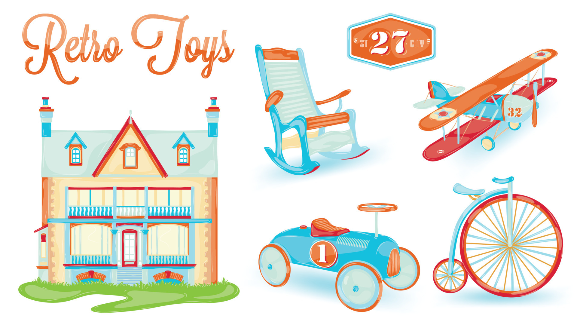 retro speelgoed poppenhuis, fiets, auto, vliegtuig, stoel, gestileerd vintage speelgoed, baby 7526303 Download Free Vectors, Ontwerpen Templates