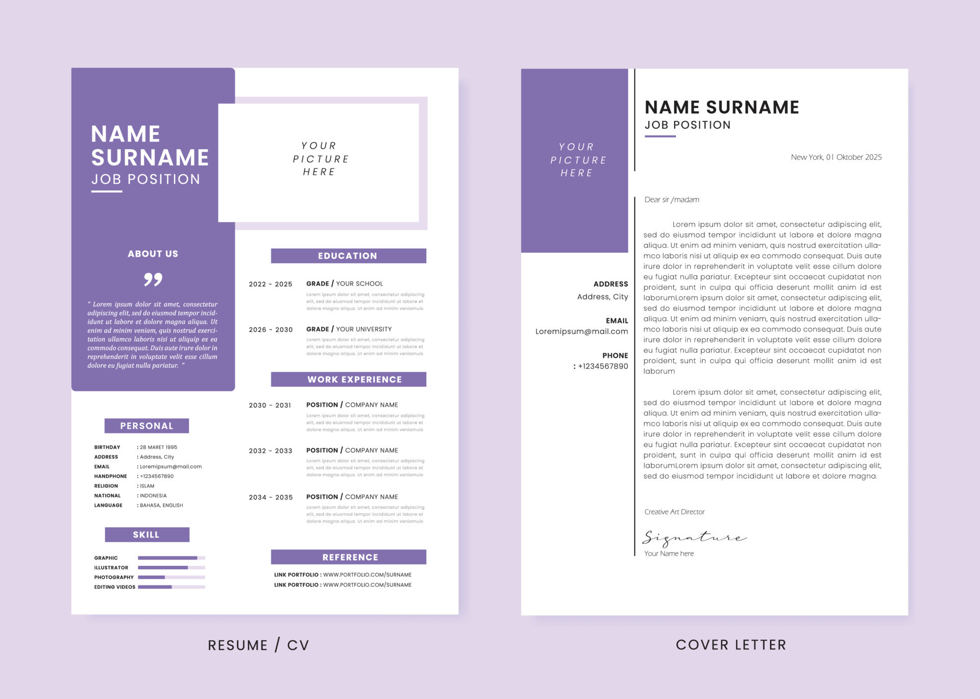 minimalis cv cv en sollicitatiebrief ontwerpsjabloon. super schoon en duidelijk professioneel design. stijlvolle minimalis-elementen en pictogrammen met paarse kleur - Vectorkunst bij Vecteezy