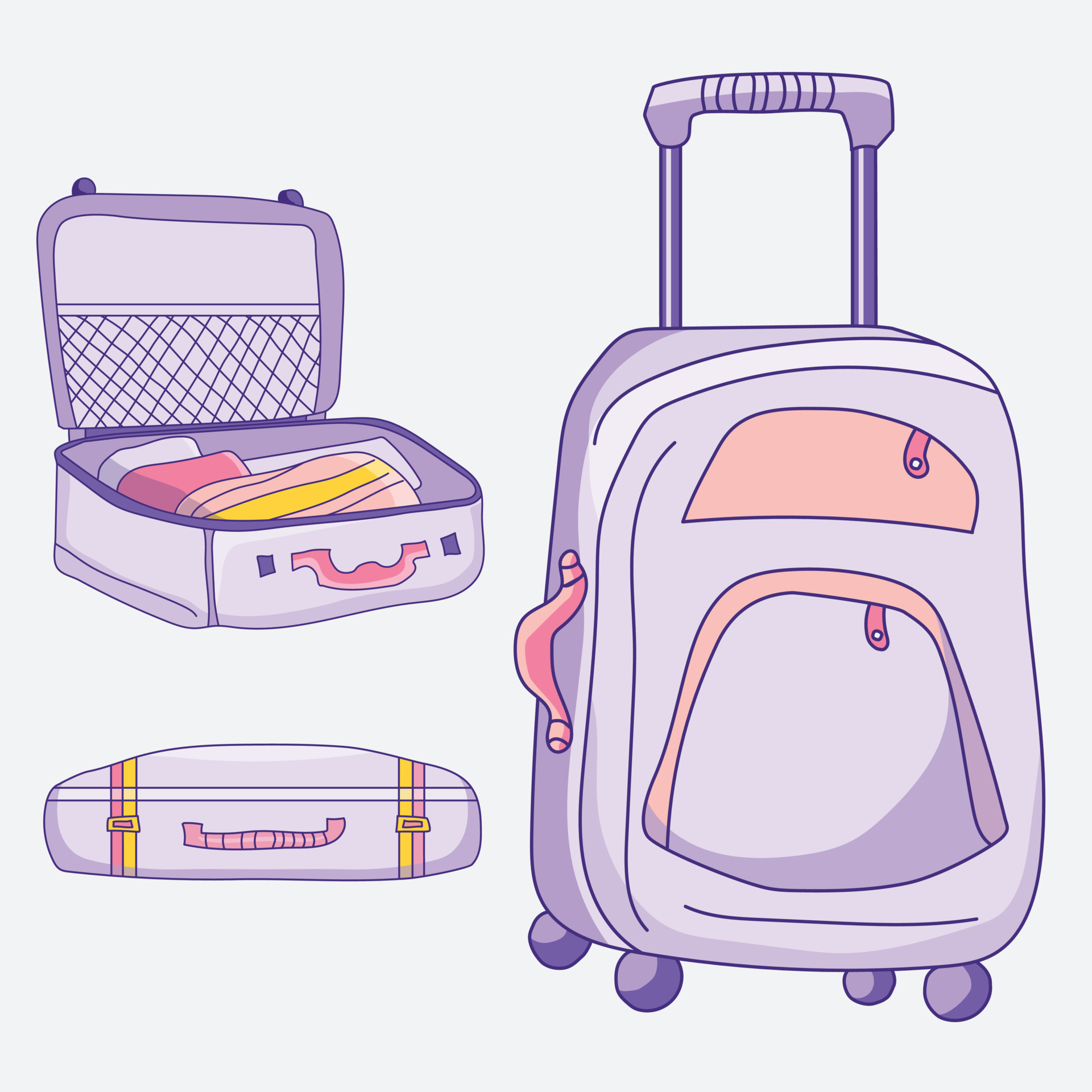 Heel veel goeds Shipley grafisch vector afbeelding van bagage. verschillende posities van koffer - open,  gesloten, ligt met dingen, staat, op wielen van paars-roze kleur 7638231 -  Download Free Vectors, Vector Bestanden, Ontwerpen Templates