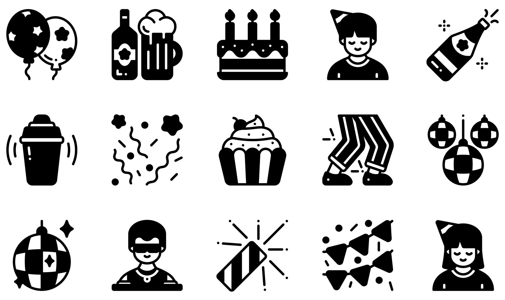 set van vector iconen gerelateerd aan bevat pictogrammen zoals verjaardagstaart, champagne, confetti, disco, slinger en meer. 7893663 Vectorkunst bij Vecteezy