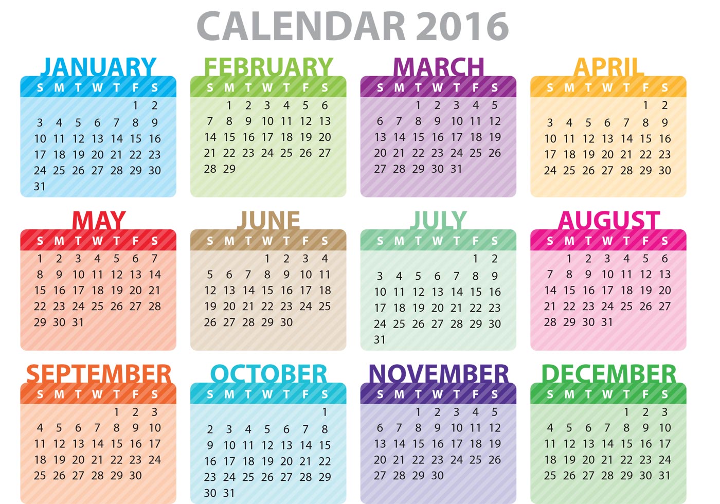 analoog dood constante Kleurrijk Kalender 2016 86014 - Download Free Vectors, Vector Bestanden,  Ontwerpen Templates