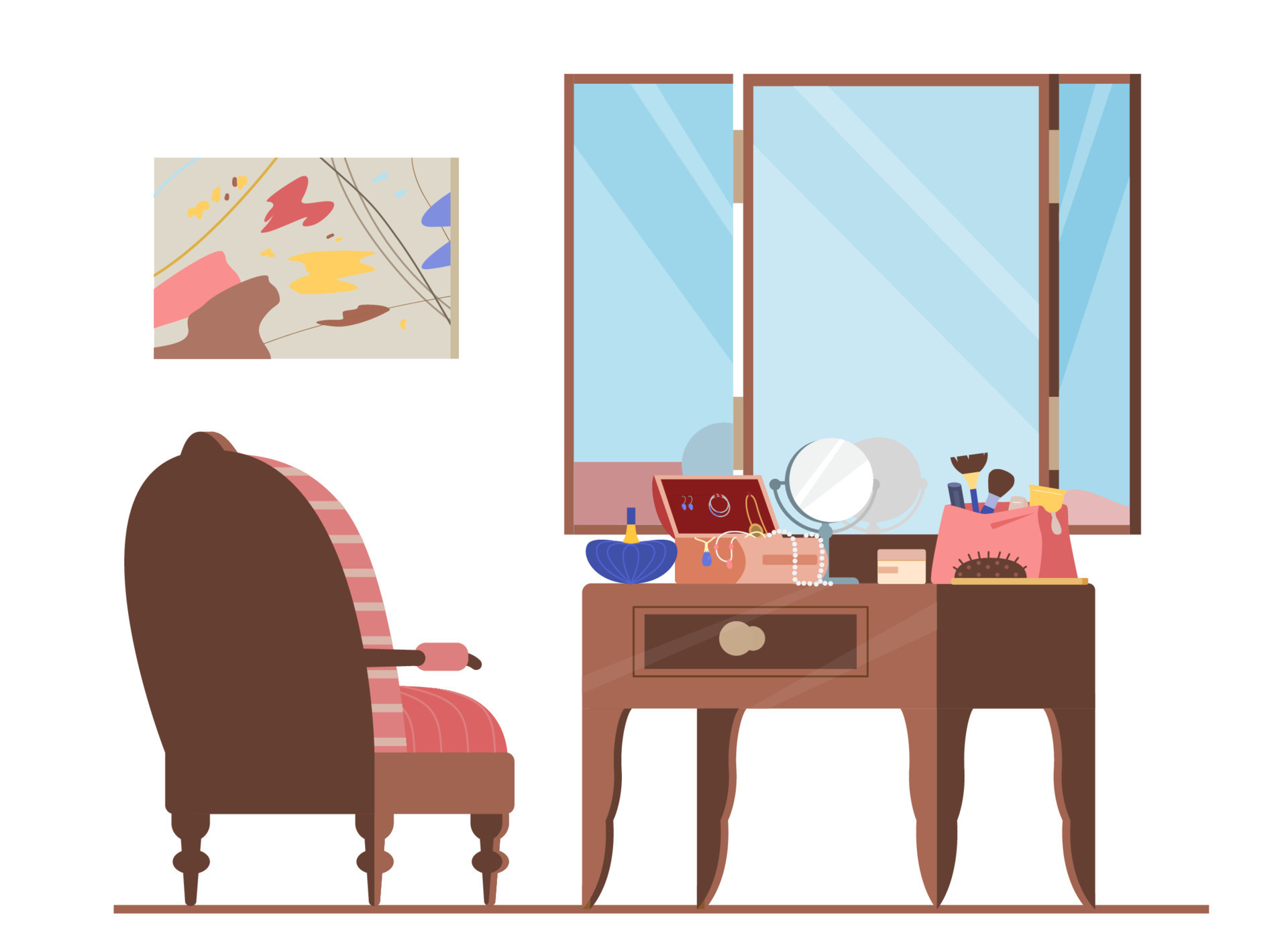 Referendum Verminderen ik heb dorst kleedkamer interieur platte vectorillustratie. fauteuil en kaptafel met  make-uptas, spiegel, sieraden, make-upborstels, parfum.  schoonheidsaccessoires voor dames. 8909908 Vectorkunst bij Vecteezy