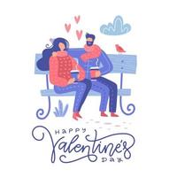 schattig romantisch paar zittend op een bankje in het park en koffie drinken, lente mooie scène. Valentijnsdag wenskaart. platte vectorillustratie. vector