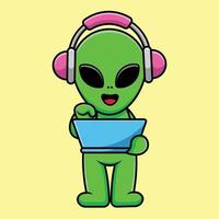 schattige alien bezig met laptop met hoofdtelefoon cartoon vector pictogram illustratie. wetenschap technologie platte cartoon concept