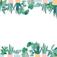 illustratie van boven- en onderframe met trendy kamerplanten in potten, aloë vera, fiddle leaf fig, snake plant, monstera, burros tail, aglaonema, jade plant. decor voor het interieur van het huis. vector