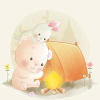 schattige beer en klein konijntje kamperen samen aquarel illustratie vector