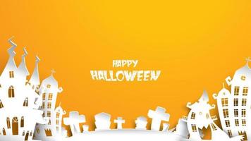 Halloween-achtergrond met spookhuis en begraafplaatsgrafsteen in de stijl van het papierkunstsnijwerk. spandoek, poster, flyer of uitnodigingssjabloonfeest. vectorillustratie. vector