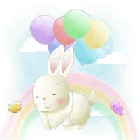 schattig konijn dat de lucht in vliegt met ballonnen en regenboogachtergrond vector