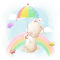 schattige konijntjes vliegende paraplu met regenboog in de lucht vector