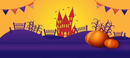 happy halloween party spookkasteel pompoenen hoofd paars en oranje achtergrondthema vector