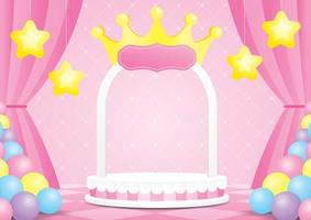 schattig kawaii prinses thema display 3d illustratie vector bestaat uit boog podium met kroonvorm en sterren prop op geruite vloer en zoete muur met roze gordijn en kleurrijke pastel ballonnen