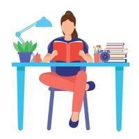 leerling leesboek. aan het leren. terug naar school. boekenliefhebber, schattig lachend meisje zittend op tafel leesboek. literatuurfan, onderwijs, thuisblijven concept. vector