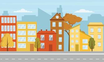 cartoon afbeelding van stad bouwen huizen met weg. plat ontwerp. herfst in de stad op straat vector