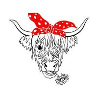 koe portret met bloem. hand getekende vectorillustratie. mode dier voor uw ontwerp. het hoofd van een Amerikaanse koe in een rode hoofddoek. vector