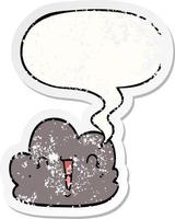 cartoon happy cloud en tekstballon noodlijdende sticker vector