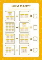 hoeveel kalender, spel voor kinderen. vectorillustratie, afdrukbaar werkblad vector