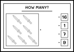 hoeveel zwaard, spel voor kinderen. vectorillustratie, afdrukbaar werkblad vector