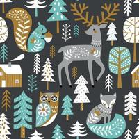 naadloos patroon met schattige bosdieren en bossen op donkergrijze achtergrond. Scandinavische bos illustratie. vector