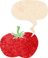 cartoon tomaat en tekstballon in retro getextureerde stijl vector