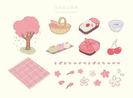 set van geïsoleerde sakura hanami handgetekende picknickelementen vector