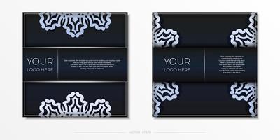 donkerblauwe briefkaartsjabloon met wit abstract mandalaornament. elegante en klassieke vectorelementen klaar om af te drukken en typografie. vector