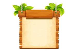 jungle houten hangend frame, banner met oud perkament en touw in cartoon stijl geïsoleerd op een witte achtergrond. oud uithangbord. ui game-item, menu. vector illustratie