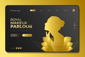 luxe gouden bestemmingspagina vector sjabloon voor make-up winkel en schoonheidssalon. minimaal gouden concept van webpagina'sontwerp voor gebruik op website en mobiel. vrouw gezicht en haar. schoonheidssalon, unisex salon.