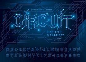 vector van circuit Alfabetletters en cijfers, netwerk aansluitende dot veelhoek letter, dot connect lijn printplaat, wetenschap netwerk patroon, futuristische letters ingesteld voor sci-fi, technologie, digitaal.