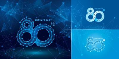 set van 80ste verjaardag logo ontwerp, tachtig jaar jubileum logo, netwerk aansluitende stip veelhoek geometrische, abstracte verbonden stippen tech nummer. vector