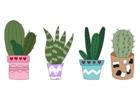 set schattige doodle cactussen in potten. vectorillustratie met schattige kamerplanten. set van planten vector