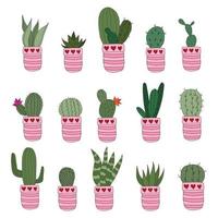 zet schattige doodle cactussen in roze potten. vectorillustratie met schattige kamerplanten. set van 15 planten vector
