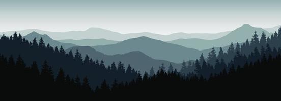 berg- en boslandschap vectorillustratie met zonsopgang en zonsondergang in de bergen vector